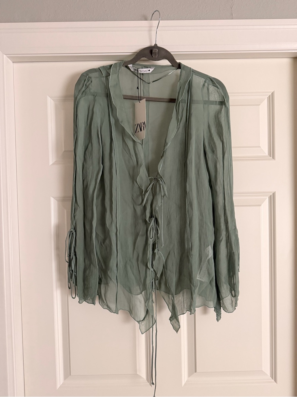 NWT ZARA Light Sage Sheer Tie-Front Blouse